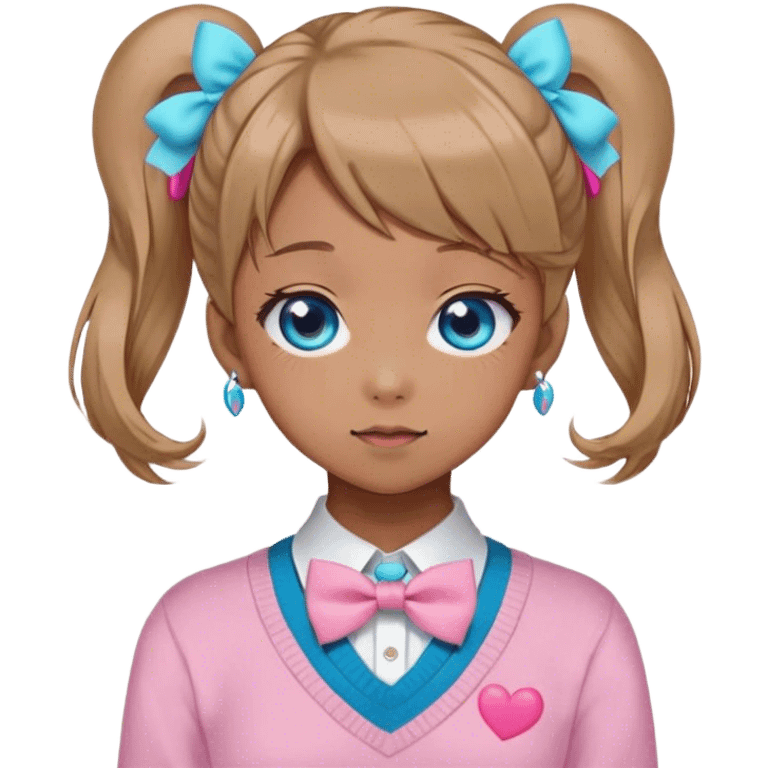 Neuro-sama, AI Vtuber, light-brown hair, blue big round eyes, anime style, pink bow ties in hair, blushing, cute, cyan bow tie on neck, pastel-yellow sweater, pig tails, white heart hair clip emoji