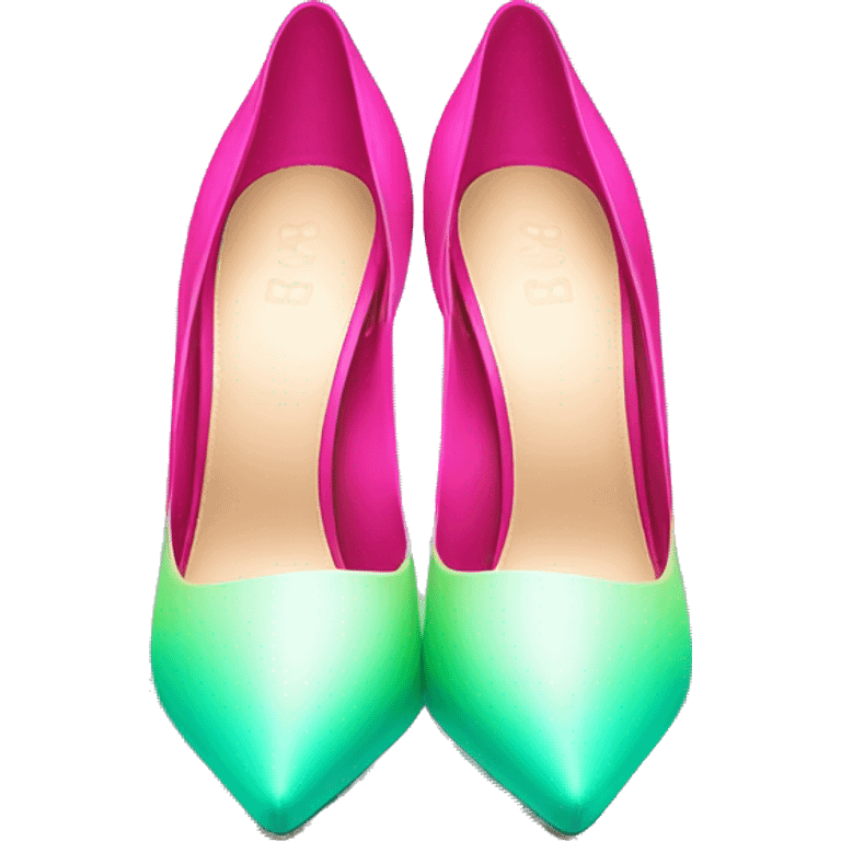 Realistic isolated top view pair of pointed toe hot pink to mint green ombre high heel shoes. emoji