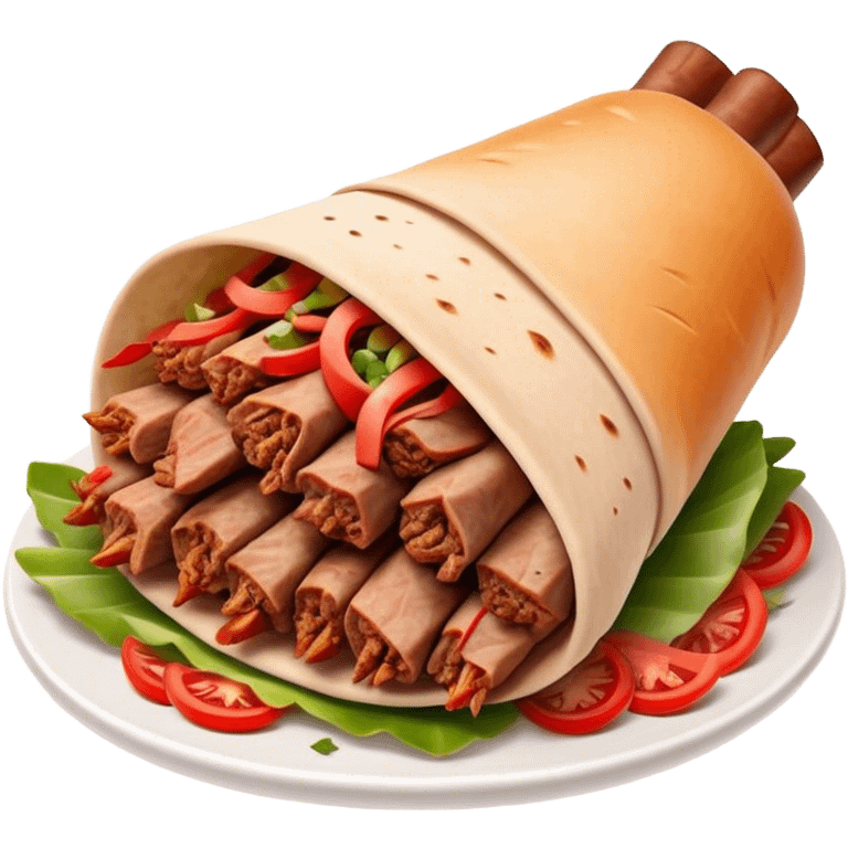 Cinematic Realistic Doner Kebab Dish Emoji, showcasing succulent, spiced meat shaved from a rotating spit rendered with lifelike detail and dynamic, appetizing lighting. emoji