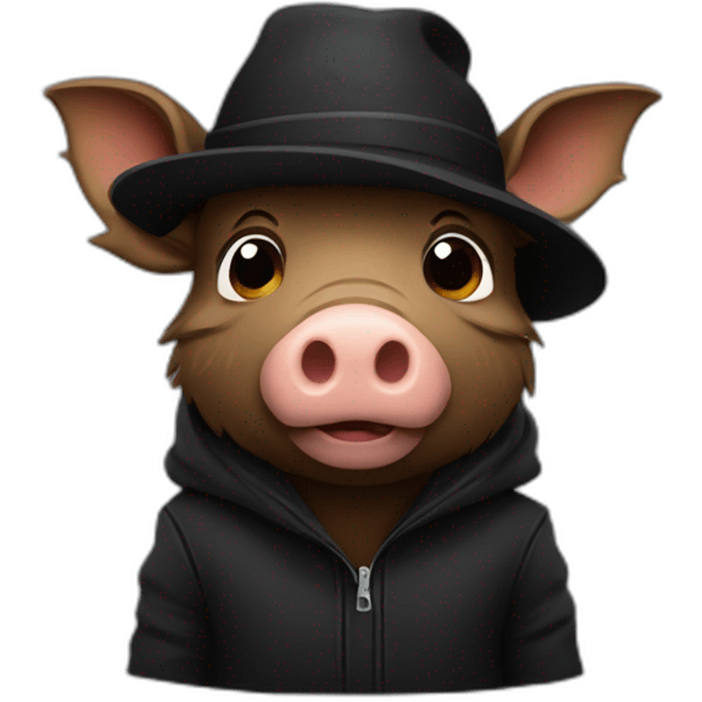 Bored brown boar in a black winter hat and black jacket emoji