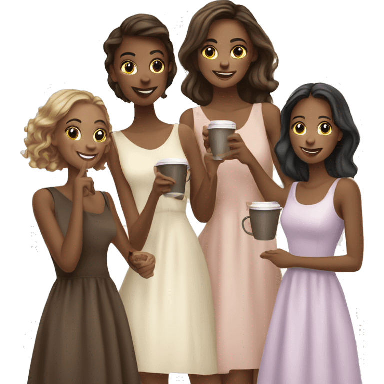 Four beautiful girls in dresses have coffee emoji