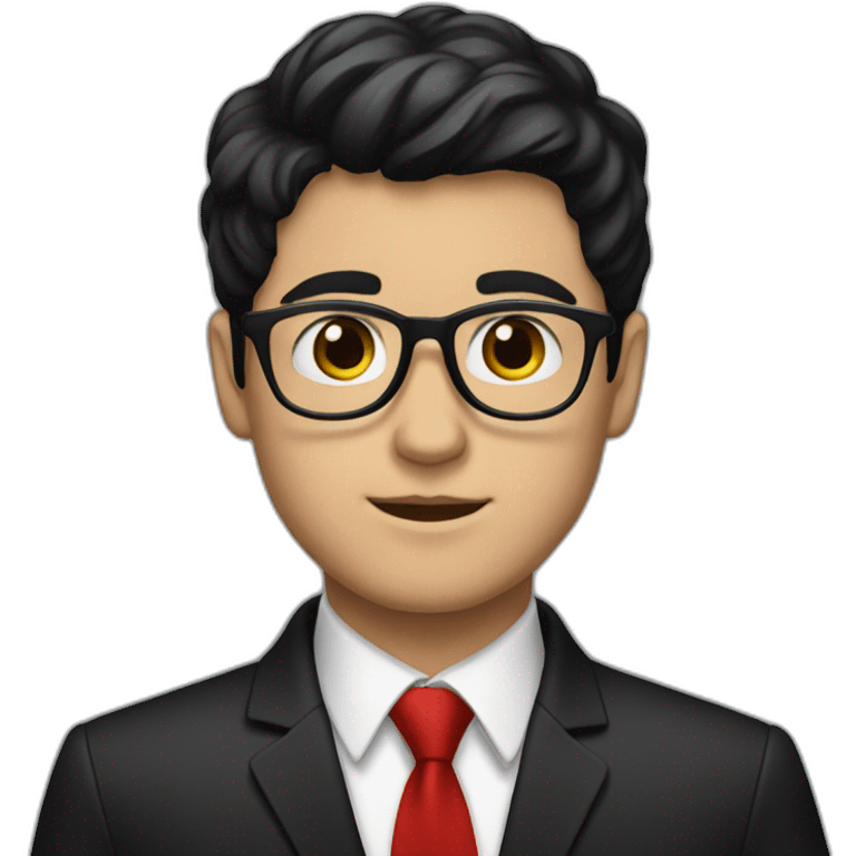 White boy wearing glasses with black hair with brown eye with black shirt and red tie emoji